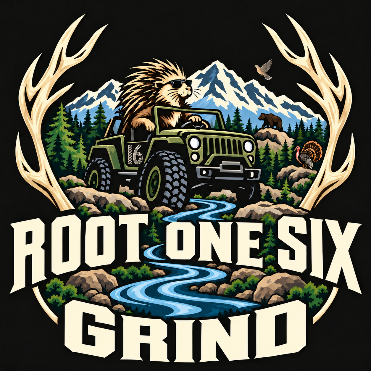 The Root One Six Grind podcast artwork featuring a porcupine driving a Jeep, deer antlers, bear, turkey and mourning dove
